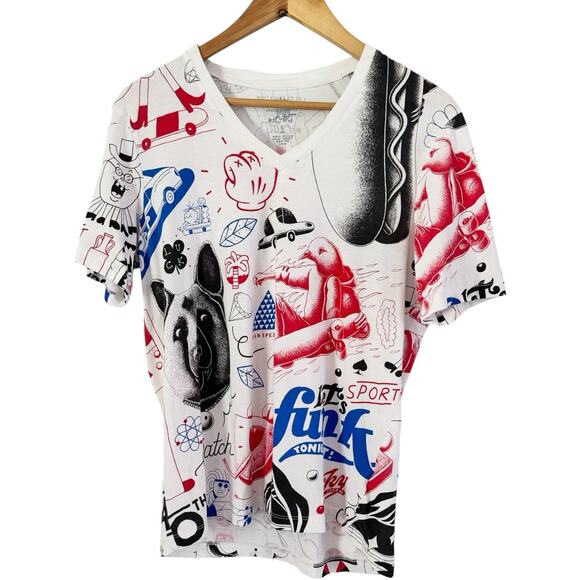 Armani Exchange Les Jeanclode Funny All Over Graphic V Neck T-Shirt Mens Small - Picture 1 of 8